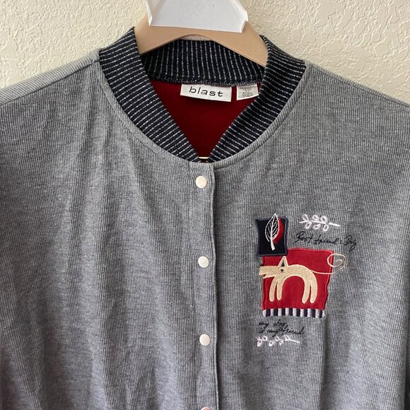 Blast Button-Up Cardigan Womens Size L Gray Embroidered Animal Striped Cotton B - Picture 7 of 16